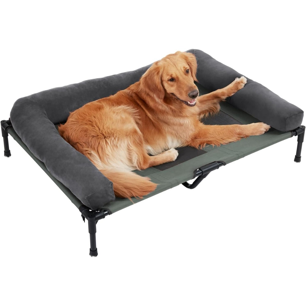 Elevated dog bed with detachable plush bolster