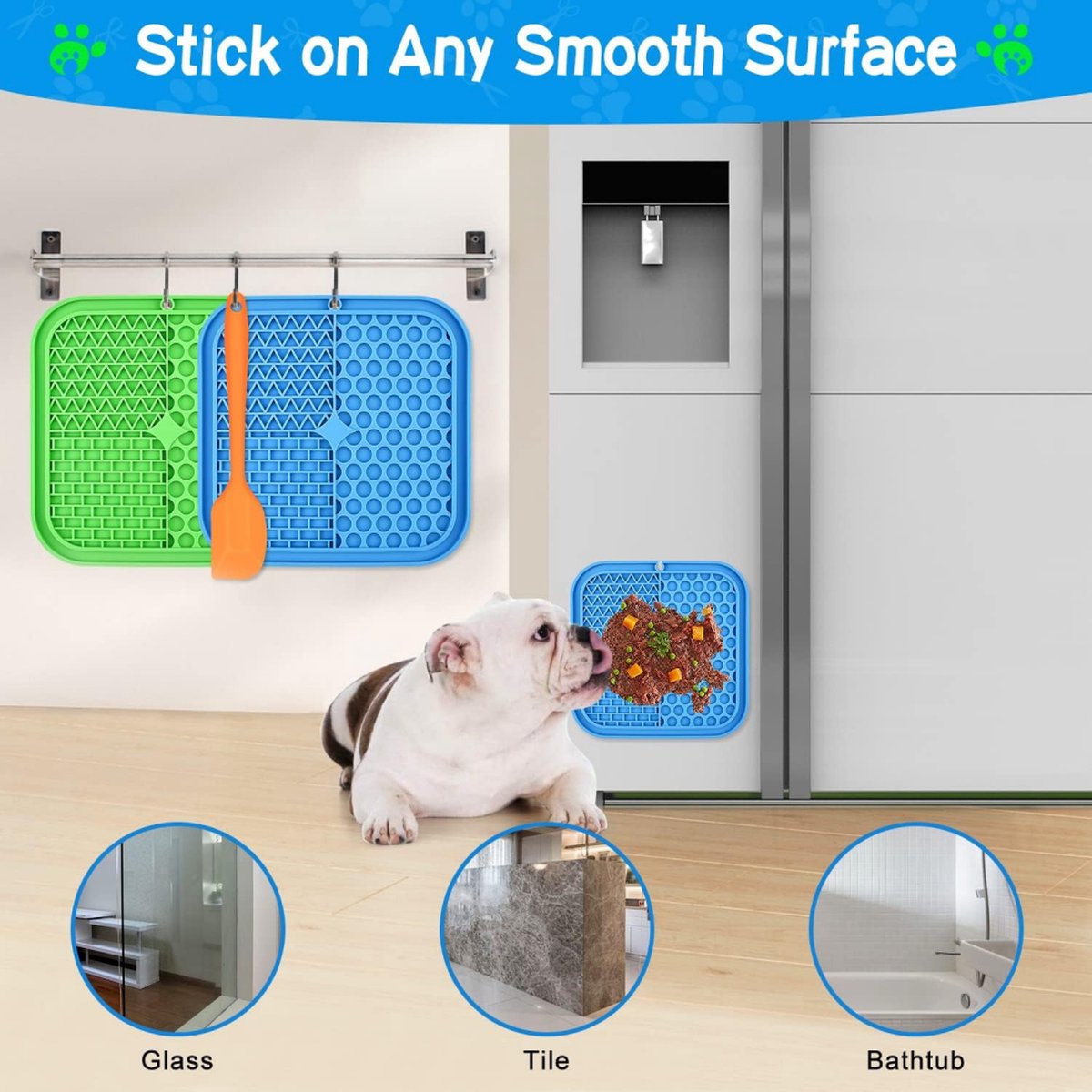 Dog Lick Mat - 2 Pieces - Dog Lick Mat with Suction Cup - Dog Toys - Dog Feeding Mat - Dog Slow Feeder - Cat Lick Mat - Dog Lick Pad - Anti-Gulp Food Bowl - BPA-Free - Dishwasher Safe - Blue and Green with Silicone Spatulas