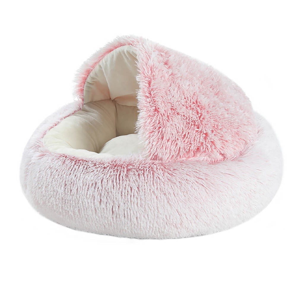 Cat Bed Round Plush Hooded Cat Bed Cave, for Indoor Cats or Small Dog Beds, Calming Pet Beds Calm Anti-nxiety Dog Bed, Waterproof Bottom Washable (16"x16") Pink