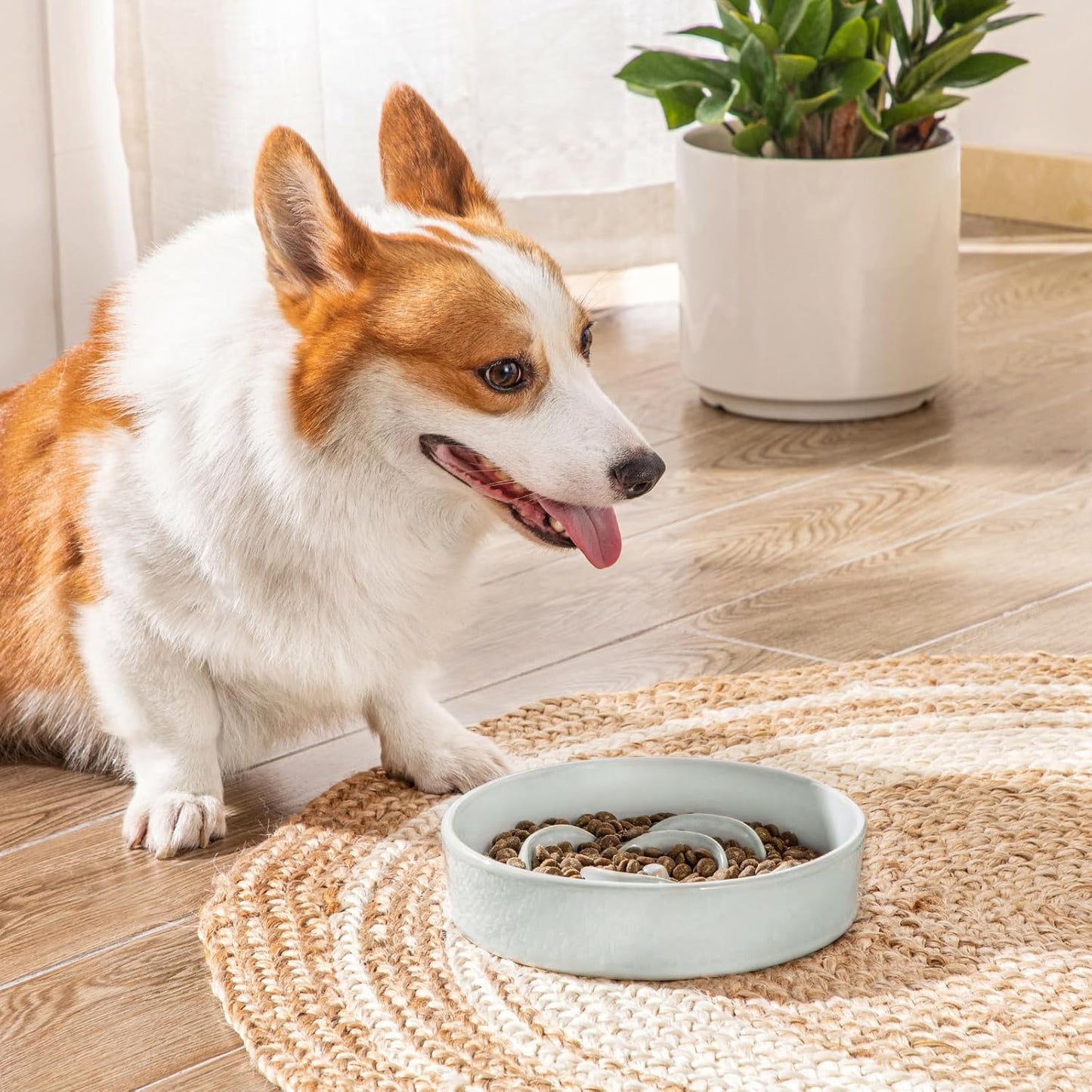 Slow Feeder Dog Bowl, 1.5 Cups Ceramic Dog Food Dish for Fast Eaters Small Breed, Puzzle Bowl for Small Dogs and Cats, Grayish Cyan