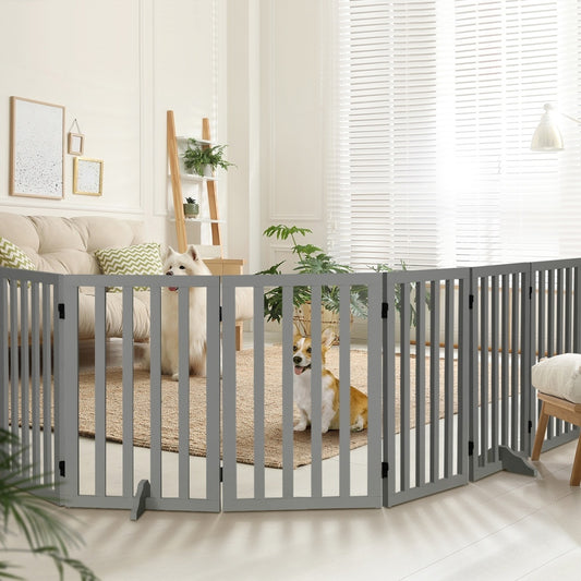6-panel freestanding wooden pet gate for dogs and cats