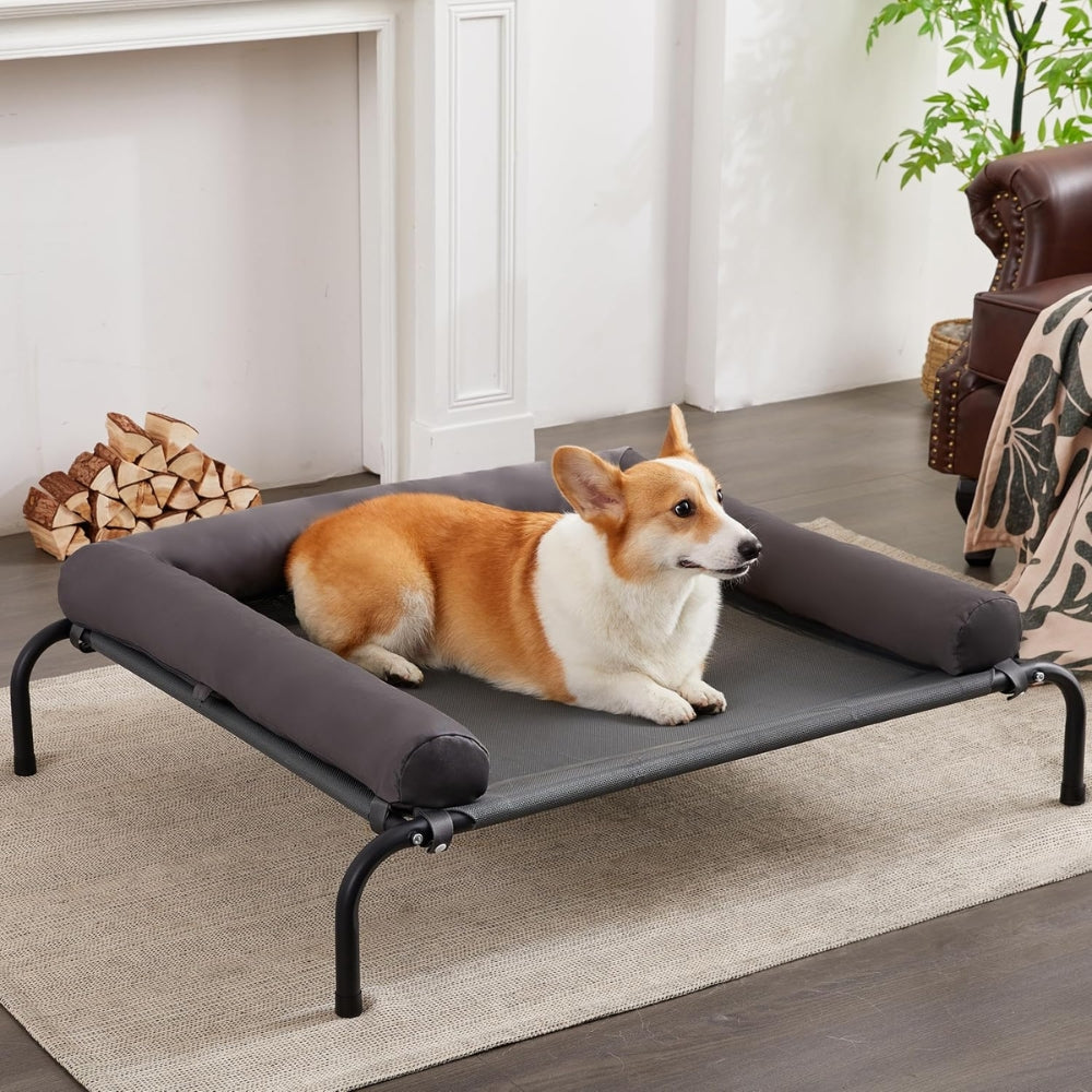 Elevated dog bed with detachable plush bolster