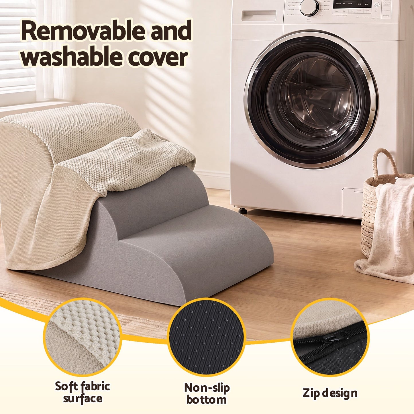 i.Pet Dog Ramp Washable Cover Stairs for Bed Sofa Foam Step Ladder 3 Tier Beige