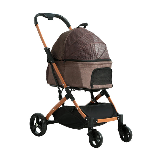 Chocolate colour Double Pet Stroller – Foldable 4-Wheel Dog & Cat Pram