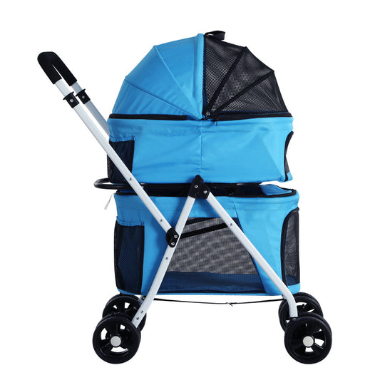 Blue Double Pet Stroller – Foldable 4-Wheel Dog & Cat Pram