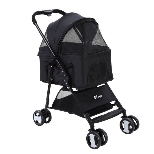 4-Wheel Pet Stroller – Foldable Dog & Cat Pram, Black