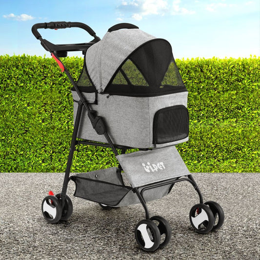 4-Wheel Pet Stroller – Foldable Dog & Cat Pram, Grey