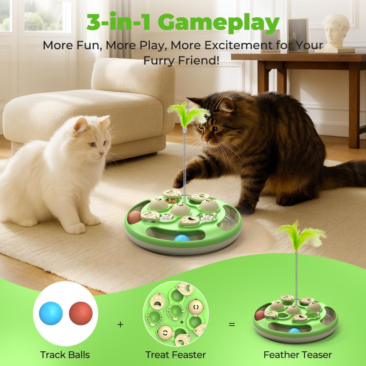 cat toy, 3-in-1 cat treat feeder, cat puzzle toy, trackball cat toy, feather teaser cat toy, slow-feeder cat toy, cat mental stimulation toy, indoor cat toy Australia, interactive cat puzzle