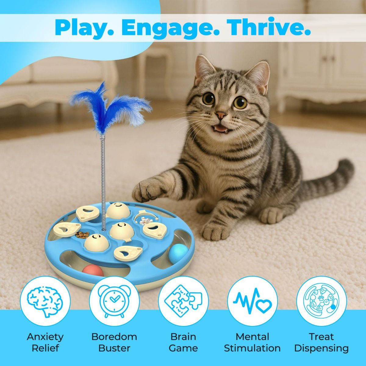 cat toy, 3-in-1 cat treat feeder, cat puzzle toy, trackball cat toy, feather teaser cat toy, slow-feeder cat toy, cat mental stimulation toy, indoor cat toy Australia, interactive cat puzzle