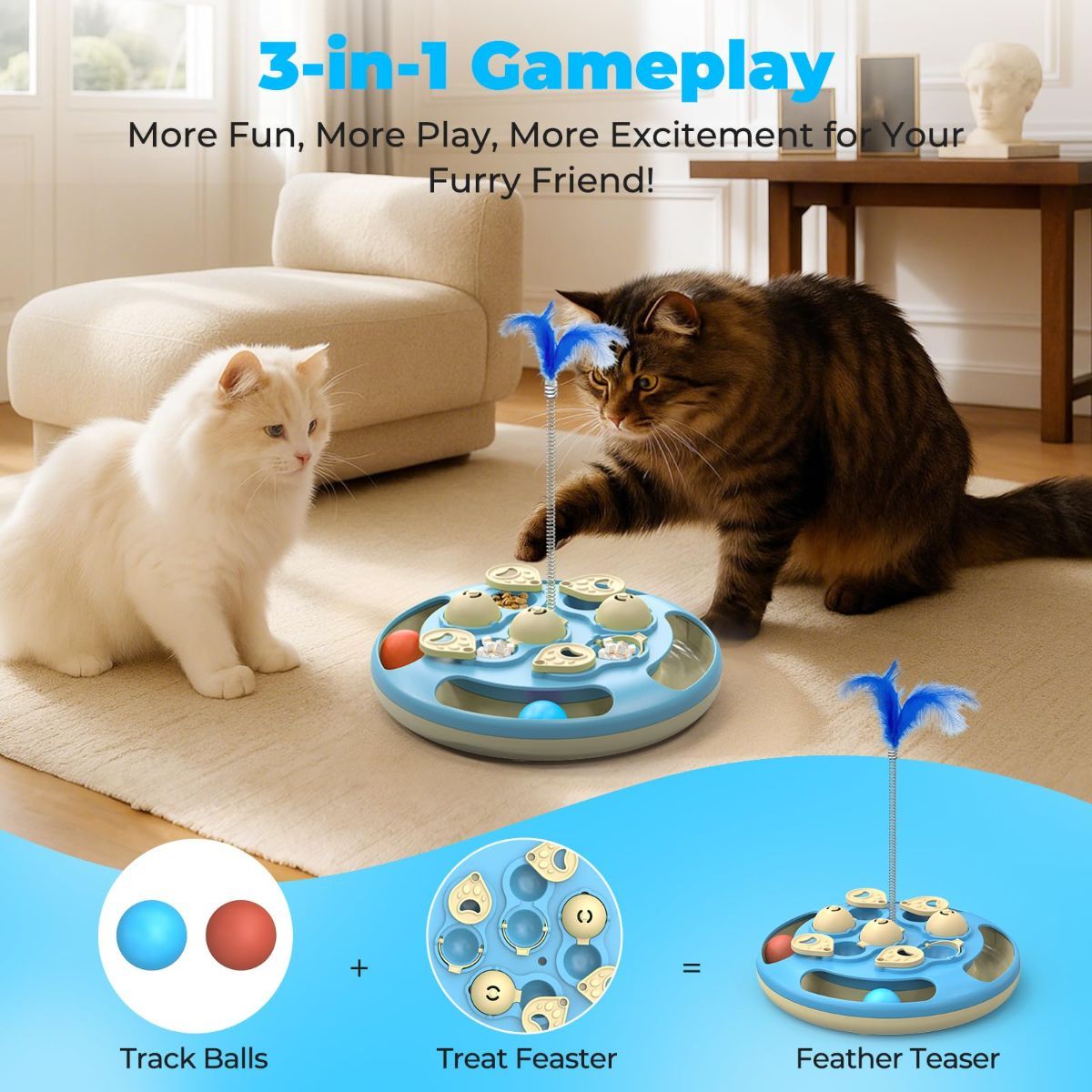 cat toy, 3-in-1 cat treat feeder, cat puzzle toy, trackball cat toy, feather teaser cat toy, slow-feeder cat toy, cat mental stimulation toy, indoor cat toy Australia, interactive cat puzzle