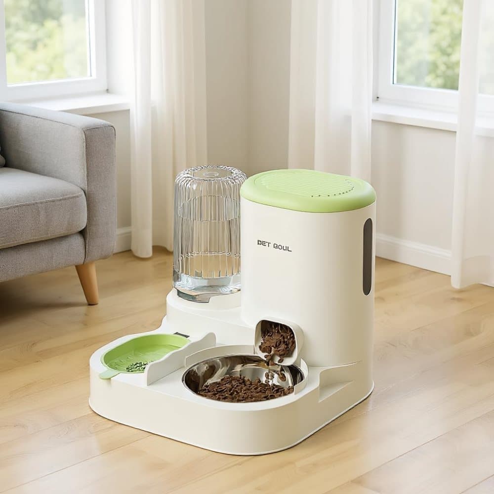 2-in-1 Automatic Cat Feeder and Water Dispenser for Pets, Compatible with Cats and Dogs, Green