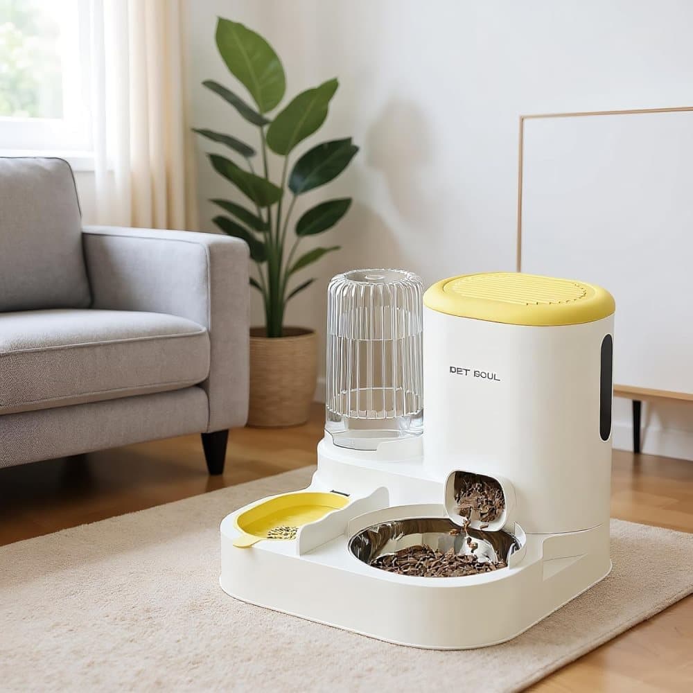 2-in-1 Automatic Cat Feeder and Water Dispenser for Pets, Compatible with Cats and Dogs, Yellow