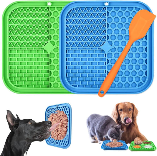 Dog Lick Mat - 2 Pieces - Dog Lick Mat with Suction Cup - Dog Toys - Dog Feeding Mat - Dog Slow Feeder - Cat Lick Mat - Dog Lick Pad - Anti-Gulp Food Bowl - BPA-Free - Dishwasher Safe - Blue and Green with Silicone Spatulas