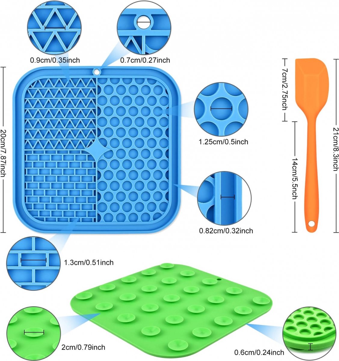Dog Lick Mat - 2 Pieces - Dog Lick Mat with Suction Cup - Dog Toys - Dog Feeding Mat - Dog Slow Feeder - Cat Lick Mat - Dog Lick Pad - Anti-Gulp Food Bowl - BPA-Free - Dishwasher Safe - Blue and Green with Silicone Spatulas
