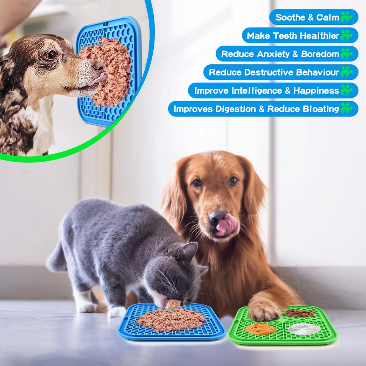Dog Lick Mat - 2 Pieces - Dog Lick Mat with Suction Cup - Dog Toys - Dog Feeding Mat - Dog Slow Feeder - Cat Lick Mat - Dog Lick Pad - Anti-Gulp Food Bowl - BPA-Free - Dishwasher Safe - Blue and Green with Silicone Spatulas