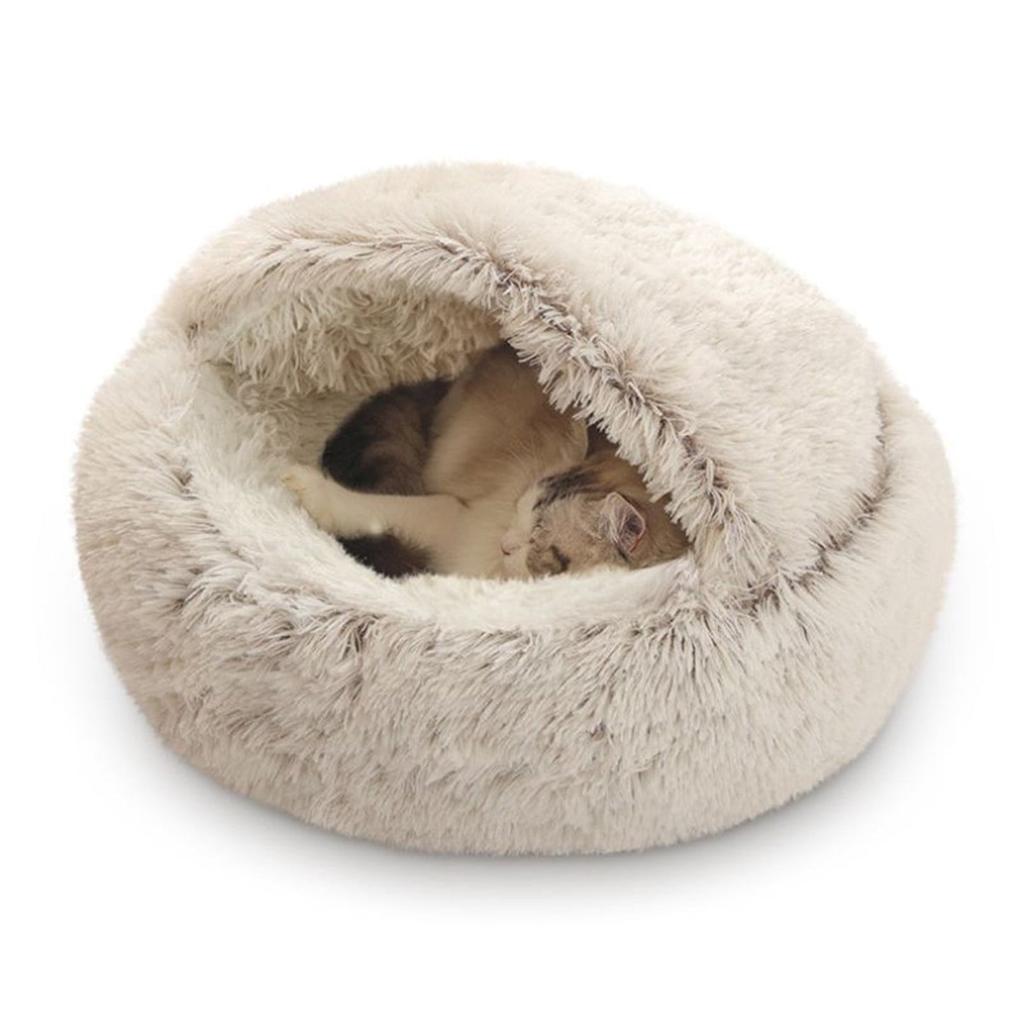 Cat Bed Round Plush Hooded Cat Bed Cave, for Indoor Cats or Small Dog Beds, Calming Pet Beds Calm Anti-nxiety Dog Bed, Waterproof Bottom Washable (16"x16") Coffee