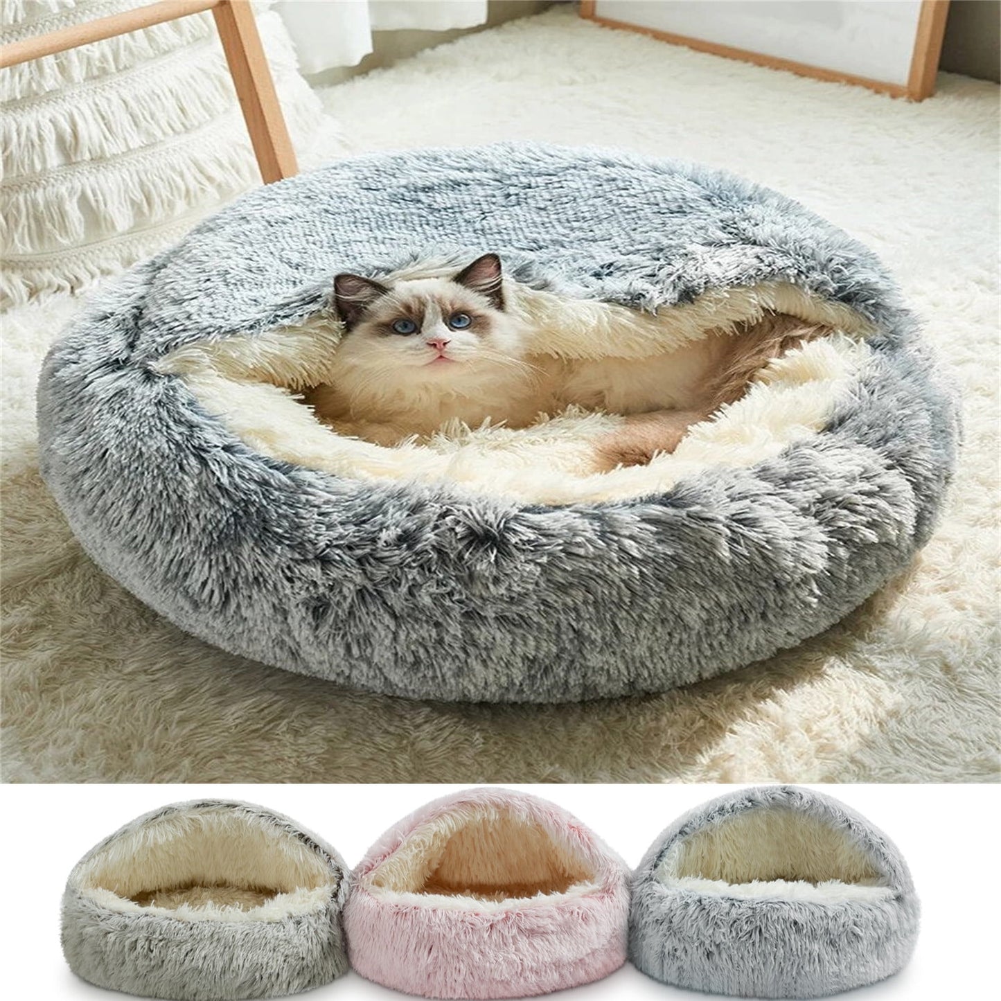 Cat Bed Round Plush Hooded Cat Bed Cave, for Indoor Cats or Small Dog Beds, Calming Pet Beds Calm Anti-nxiety Dog Bed, Waterproof Bottom Washable (16"x16") Coffee