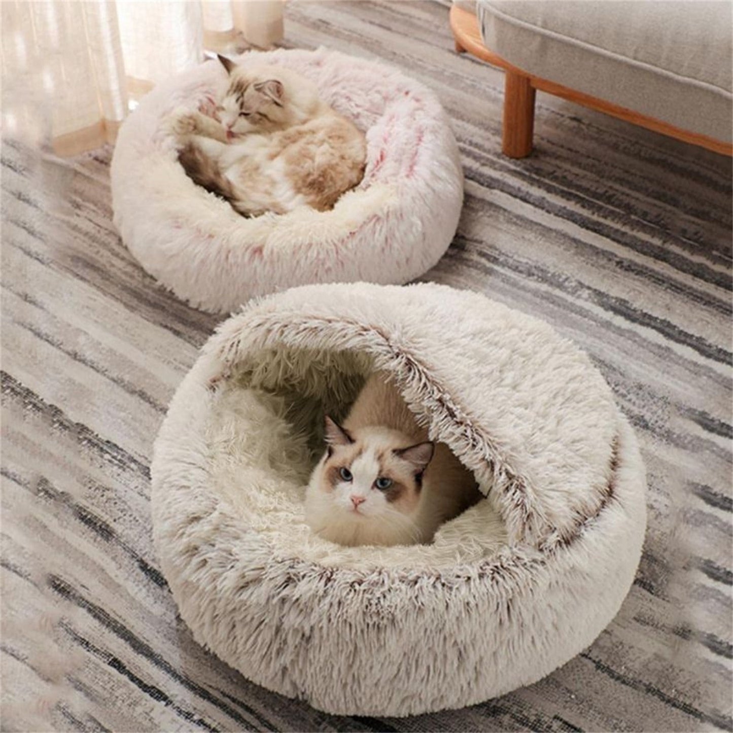 Cat Bed Round Plush Hooded Cat Bed Cave, for Indoor Cats or Small Dog Beds, Calming Pet Beds Calm Anti-nxiety Dog Bed, Waterproof Bottom Washable (16"x16") Coffee