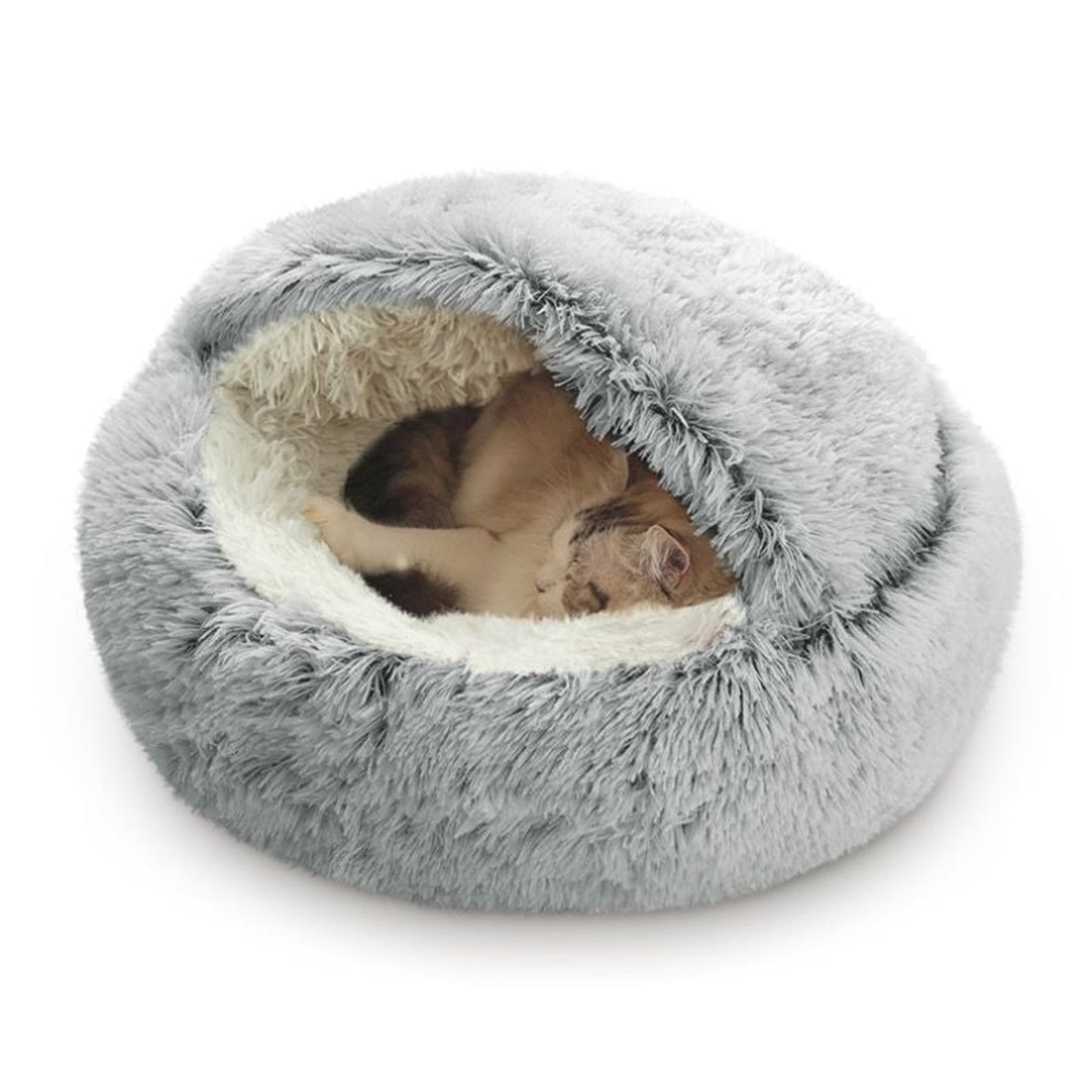 Cat Bed Round Plush Hooded Cat Bed Cave, for Indoor Cats or Small Dog Beds, Calming Pet Beds Calm Anti-nxiety Dog Bed, Waterproof Bottom Washable (16"x16") Gray
