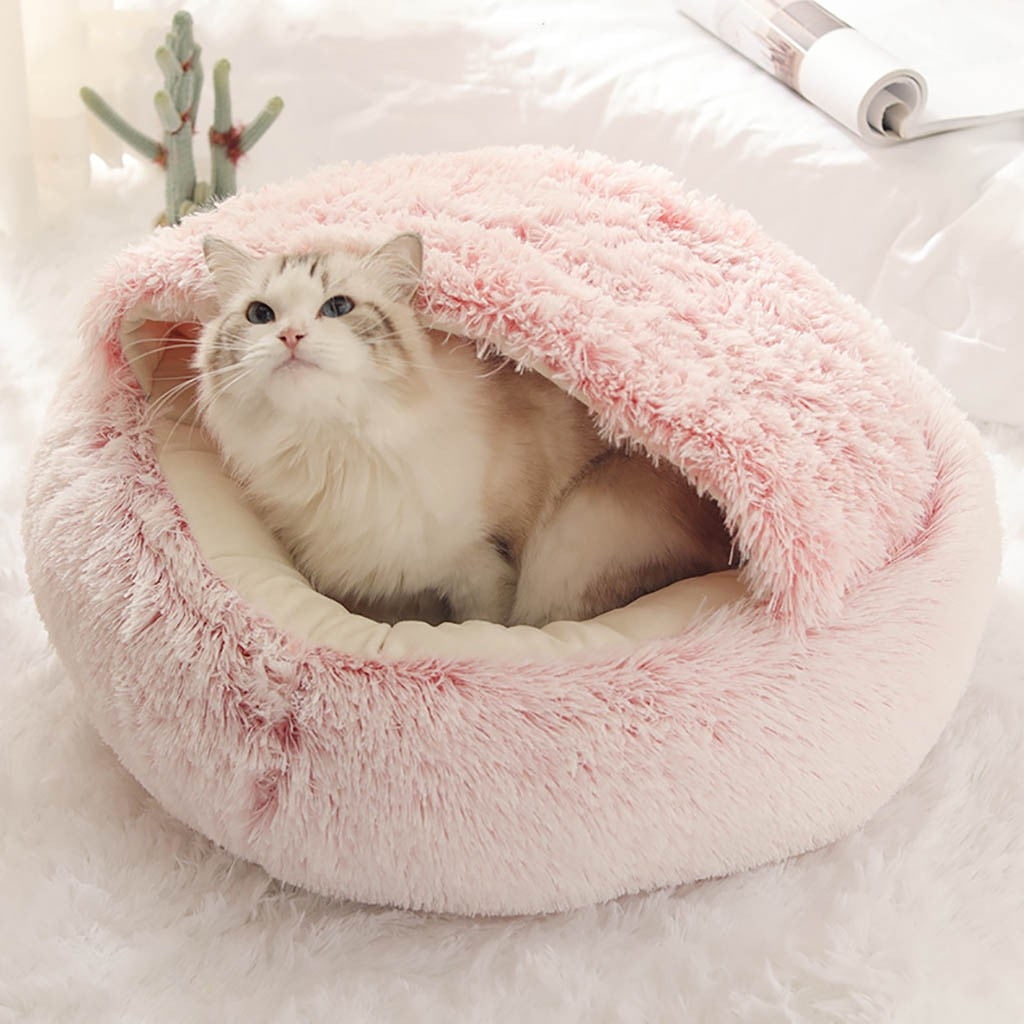 Cat Bed Round Plush Hooded Cat Bed Cave, for Indoor Cats or Small Dog Beds, Calming Pet Beds Calm Anti-nxiety Dog Bed, Waterproof Bottom Washable (16"x16") Pink