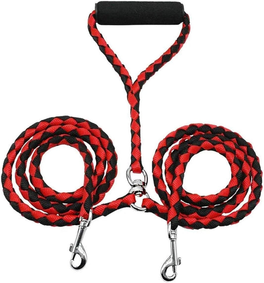 Red and Black Double Dog Leash and Collar Set - 1.4m Long - Durable Pet Lead for Dogs