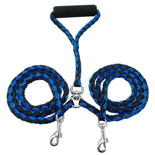 Adjustable 1.4m Double Dog Leash with Collar - Black and Blue Sturdy Pet Lead for Dogs