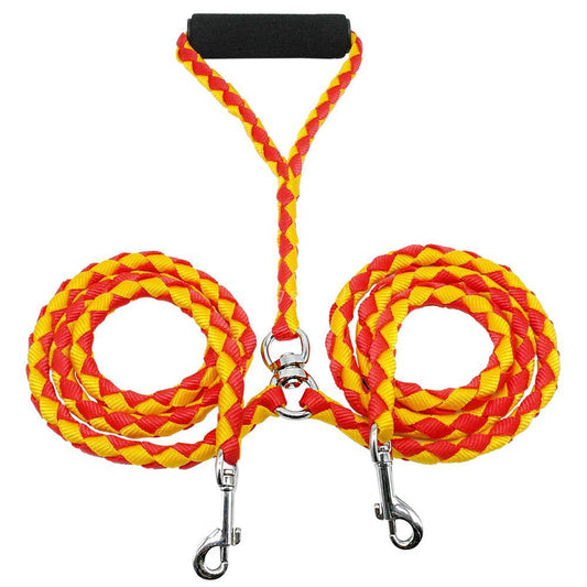 1.4m Double Dog Leash with Red and Yellow Design - Adjustable Pet Harness Lead for Dogs