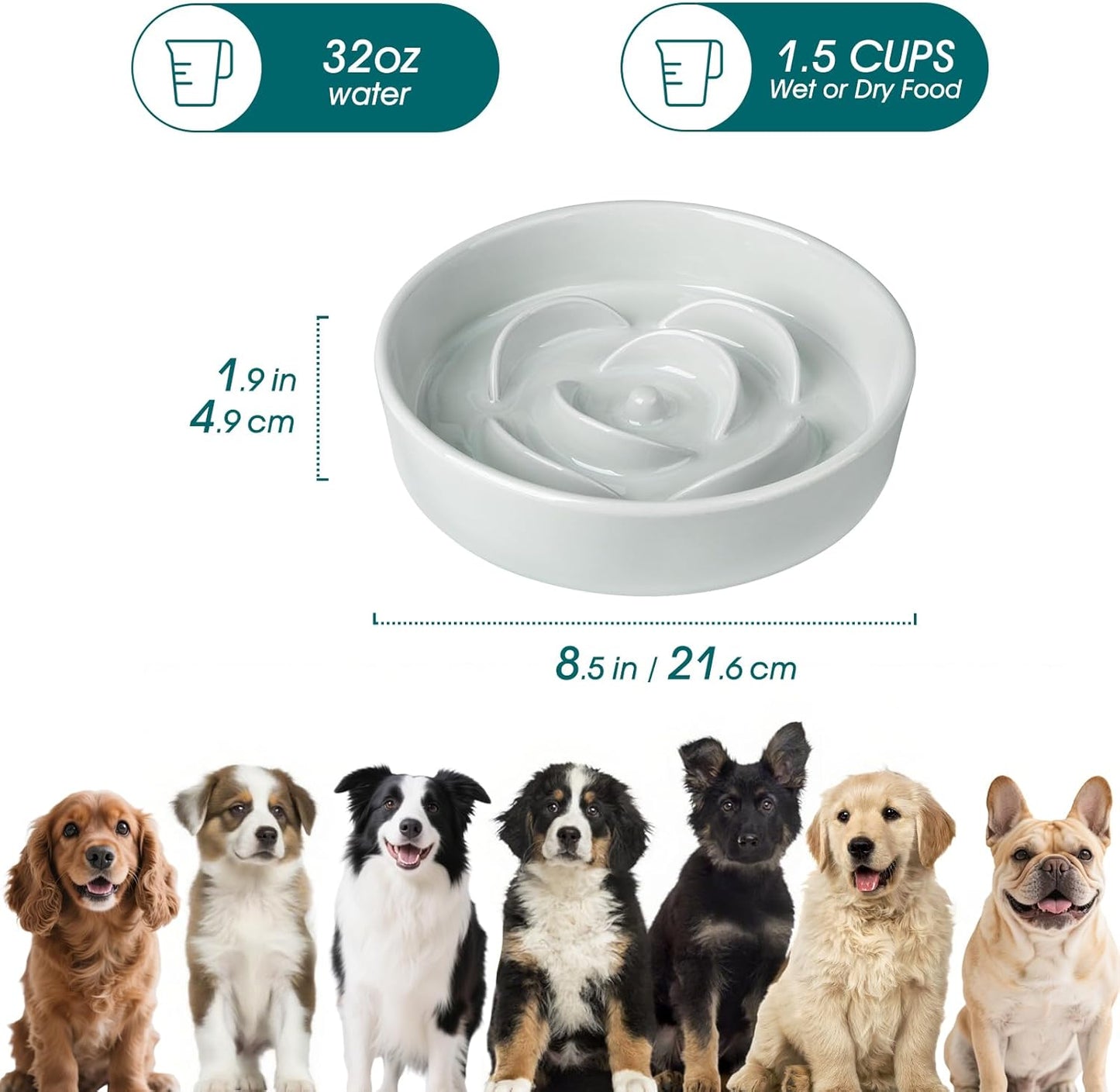 Slow Feeder Dog Bowl, 1.5 Cups Ceramic Dog Food Dish for Fast Eaters Small Breed, Puzzle Bowl for Small Dogs and Cats, Grayish Cyan