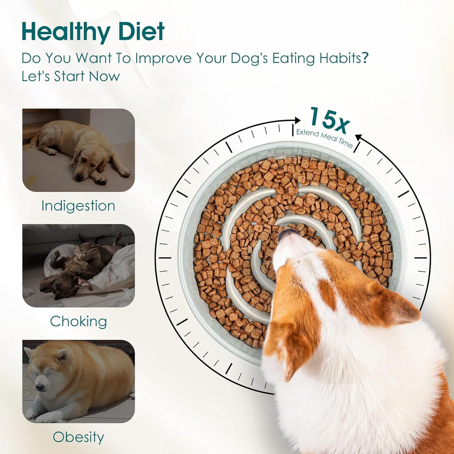 Slow Feeder Dog Bowl, 1.5 Cups Ceramic Dog Food Dish for Fast Eaters Small Breed, Puzzle Bowl for Small Dogs and Cats, Grayish Cyan