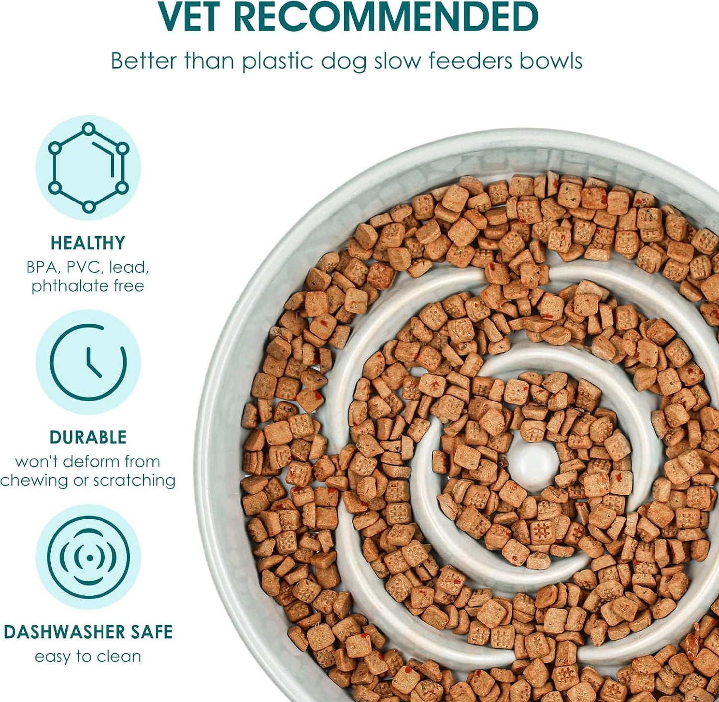 Slow Feeder Dog Bowl, 1.5 Cups Ceramic Dog Food Dish for Fast Eaters Small Breed, Puzzle Bowl for Small Dogs and Cats, Grayish Cyan