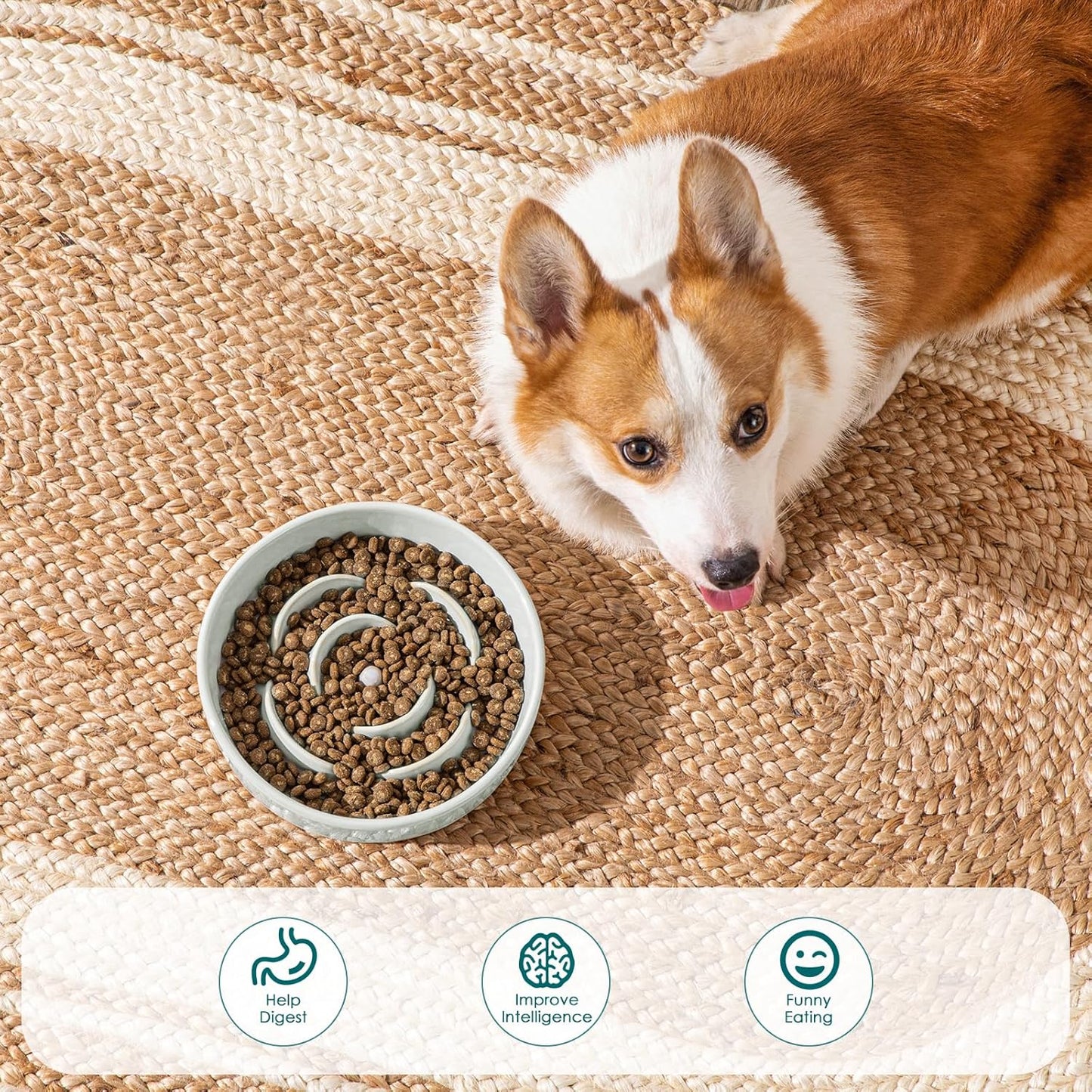 Slow Feeder Dog Bowl, 1.5 Cups Ceramic Dog Food Dish for Fast Eaters Small Breed, Puzzle Bowl for Small Dogs and Cats, Grayish Cyan