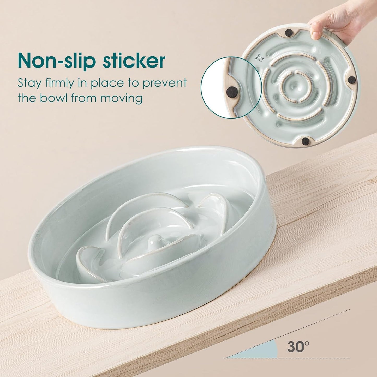 Slow Feeder Dog Bowl, 1.5 Cups Ceramic Dog Food Dish for Fast Eaters Small Breed, Puzzle Bowl for Small Dogs and Cats, Grayish Cyan