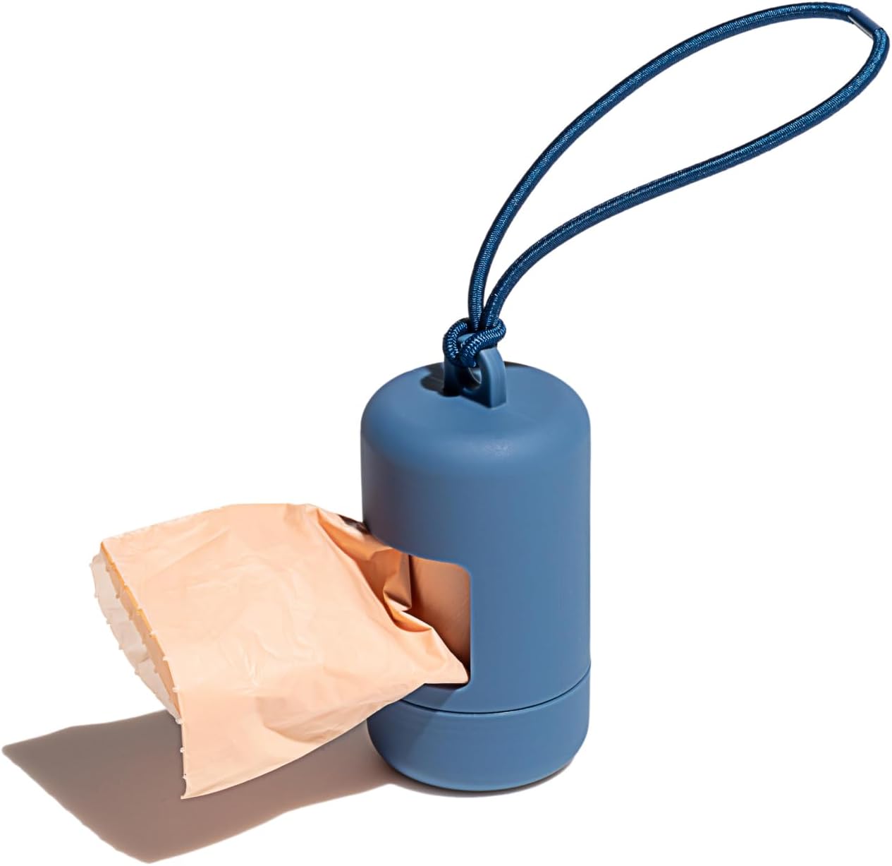 Dog Poop Bag Holder and Dispenser with Leash Attachment, Leak Proof, Easy Twist Top for Refills, Includes 1 Roll Poop Bags, Navy