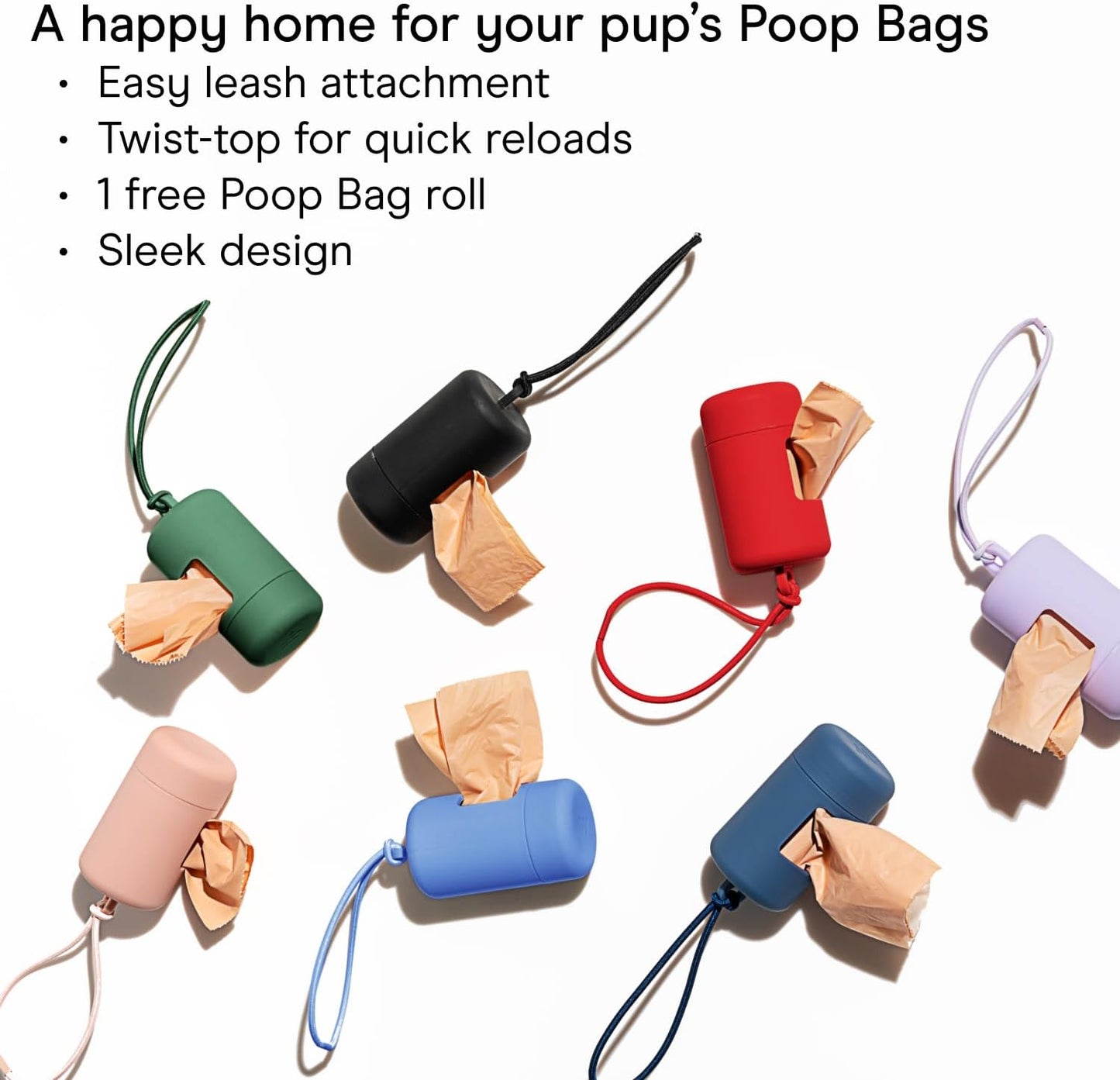 Dog Poop Bag Holder and Dispenser with Leash Attachment, Leak Proof, Easy Twist Top for Refills, Includes 1 Roll Poop Bags, Navy