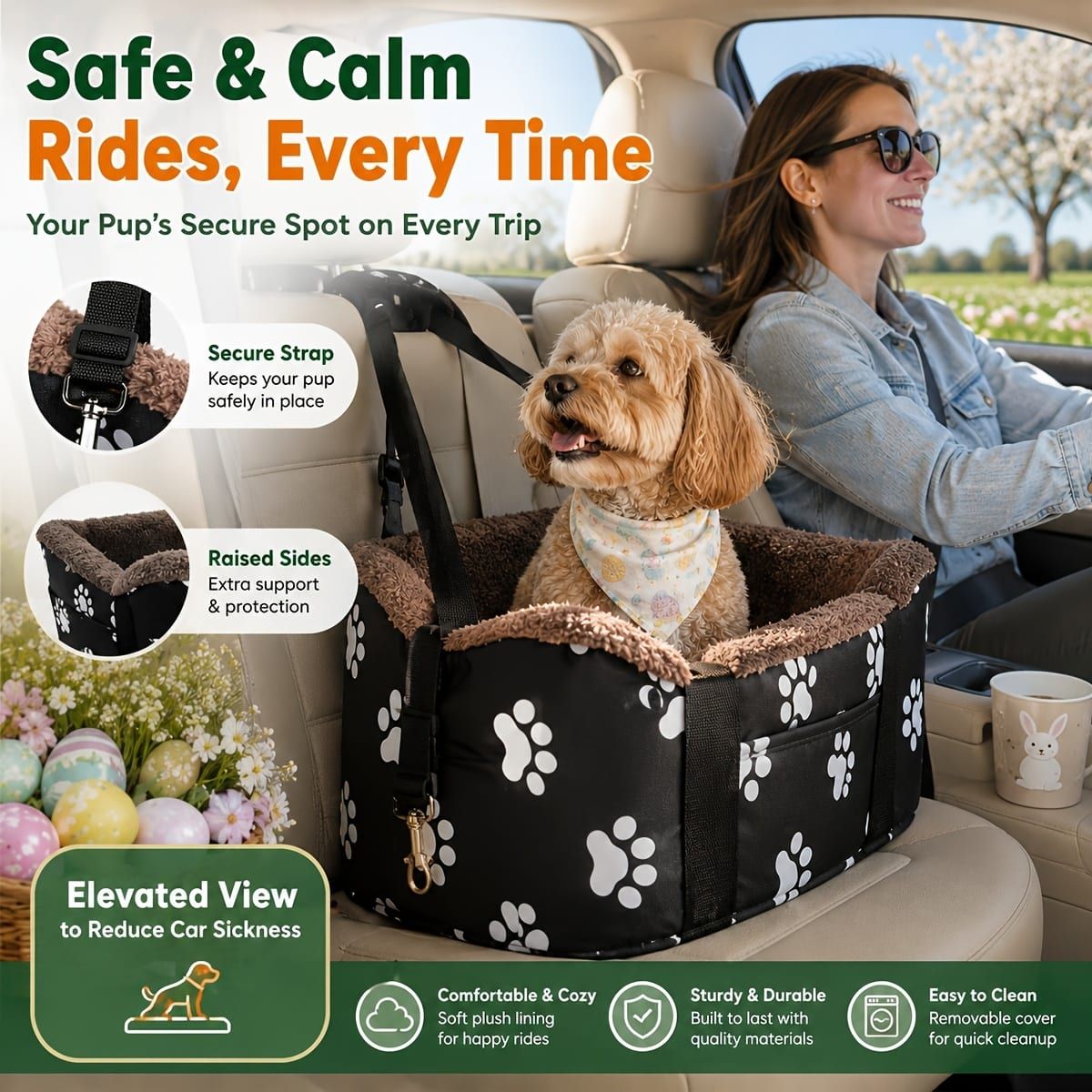 Portable Pet Carrier Car Seat for Small Dogs and Cats, Versatile Travel Pet Bed with Elevated View to Reduce Car Sickness, Water-Resistant Oxford Fabric, Secure Strap for Safe Rides, (Black)