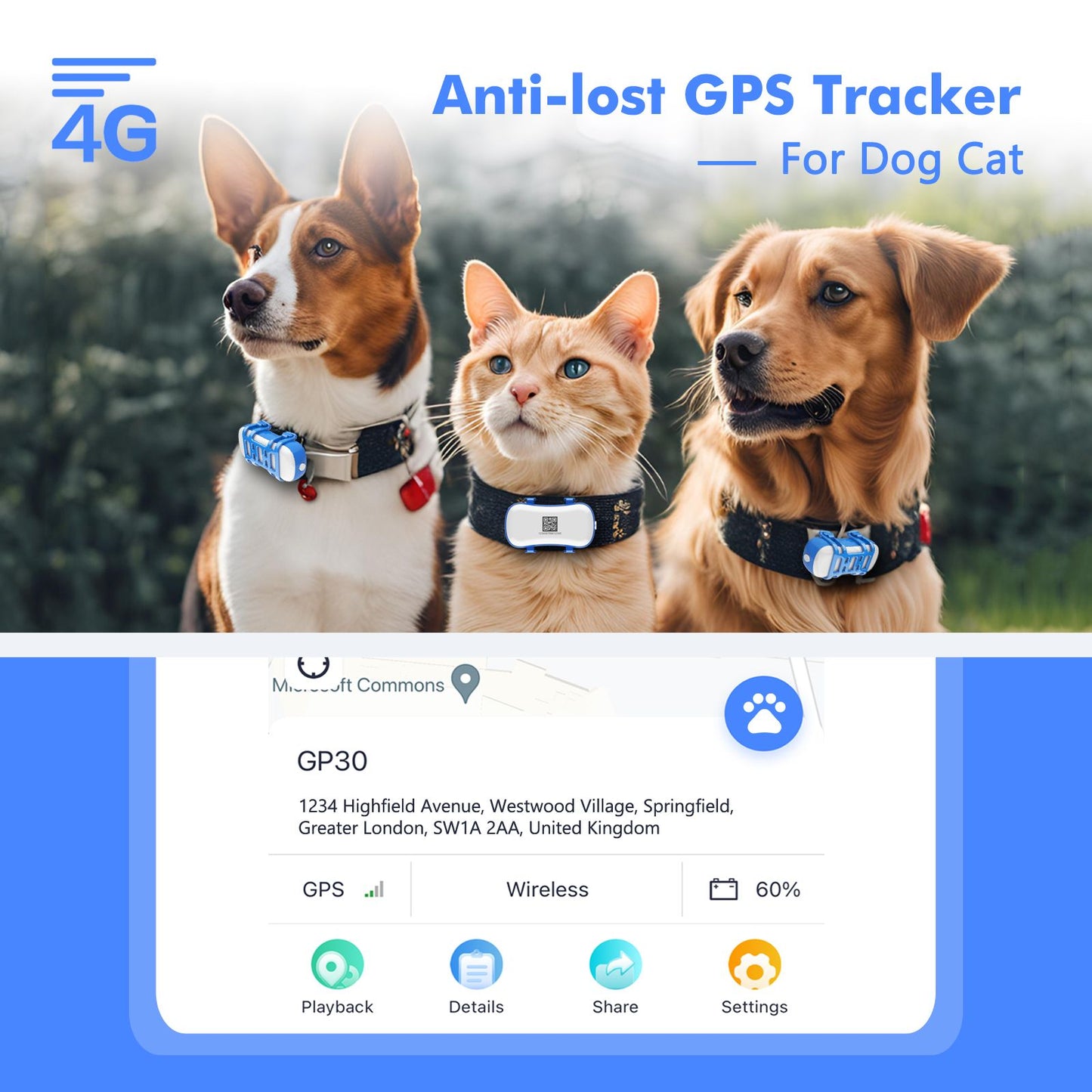 ‌4G Dog Cat GPS Tracker - Waterproof Smart Locator with iOS/Android App, Live Tracking & Light/Sound Search