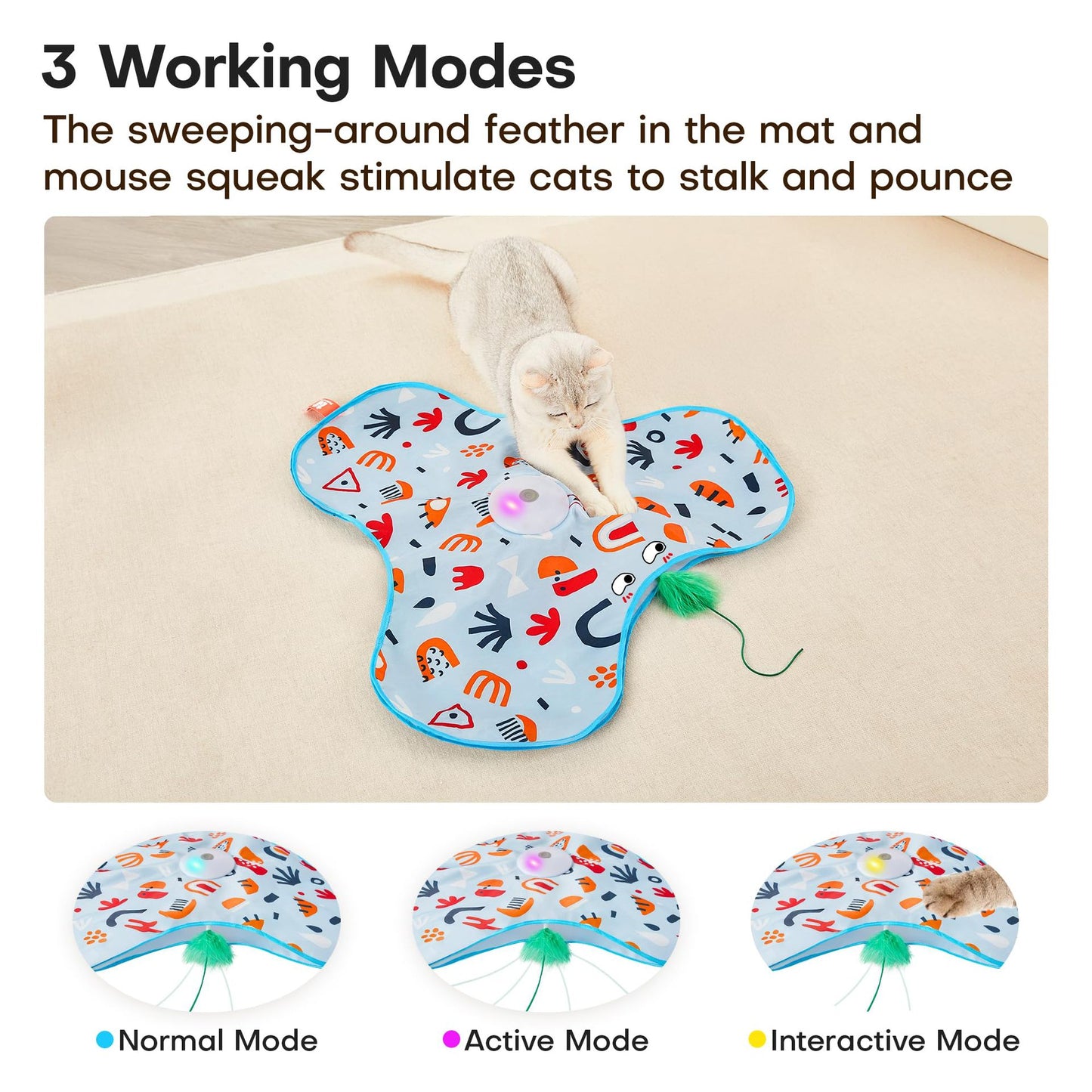 Green Interactive Cat Toys Rechargeable,Moving Concealed Feathers,Real Mouse Squeaky,Touch Activated Cat Kitten Toy Exercise Toys for Indoor Bored Adult Cats