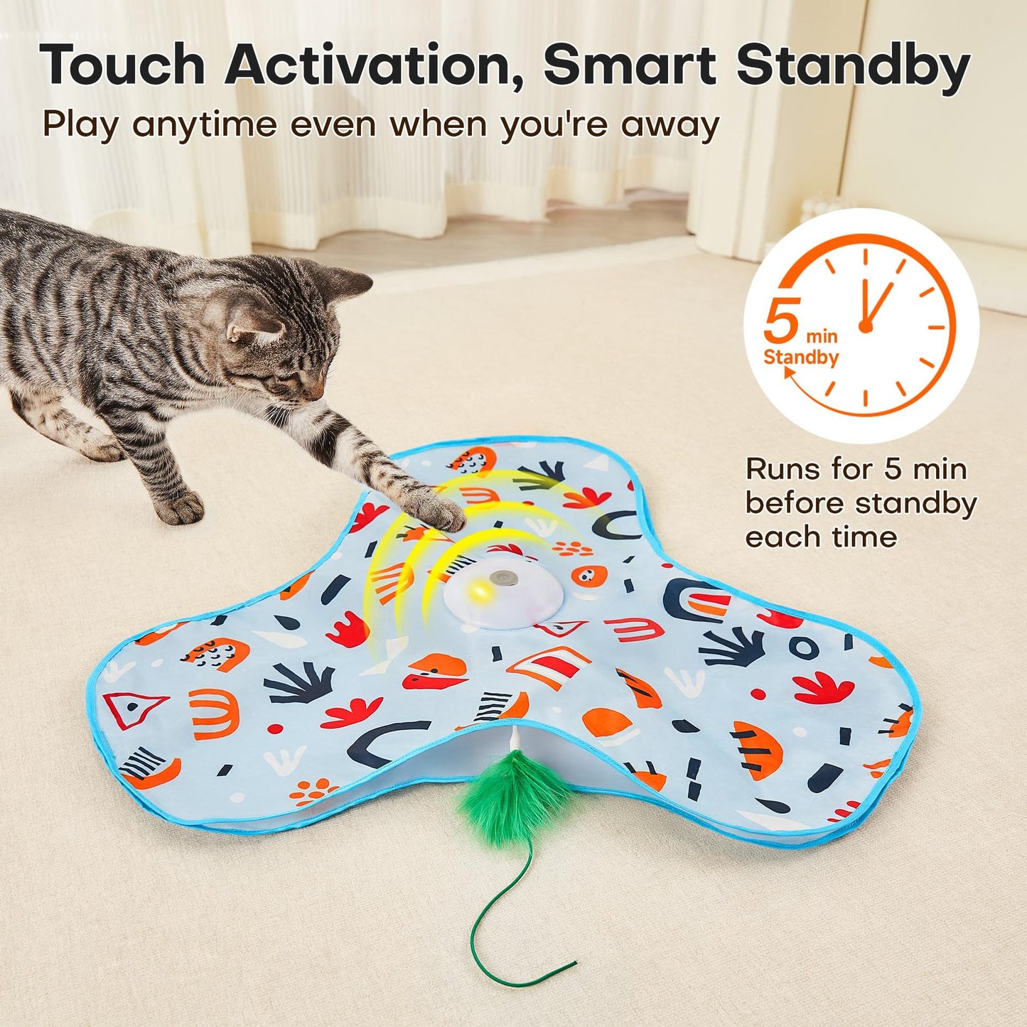 Green Interactive Cat Toys Rechargeable,Moving Concealed Feathers,Real Mouse Squeaky,Touch Activated Cat Kitten Toy Exercise Toys for Indoor Bored Adult Cats