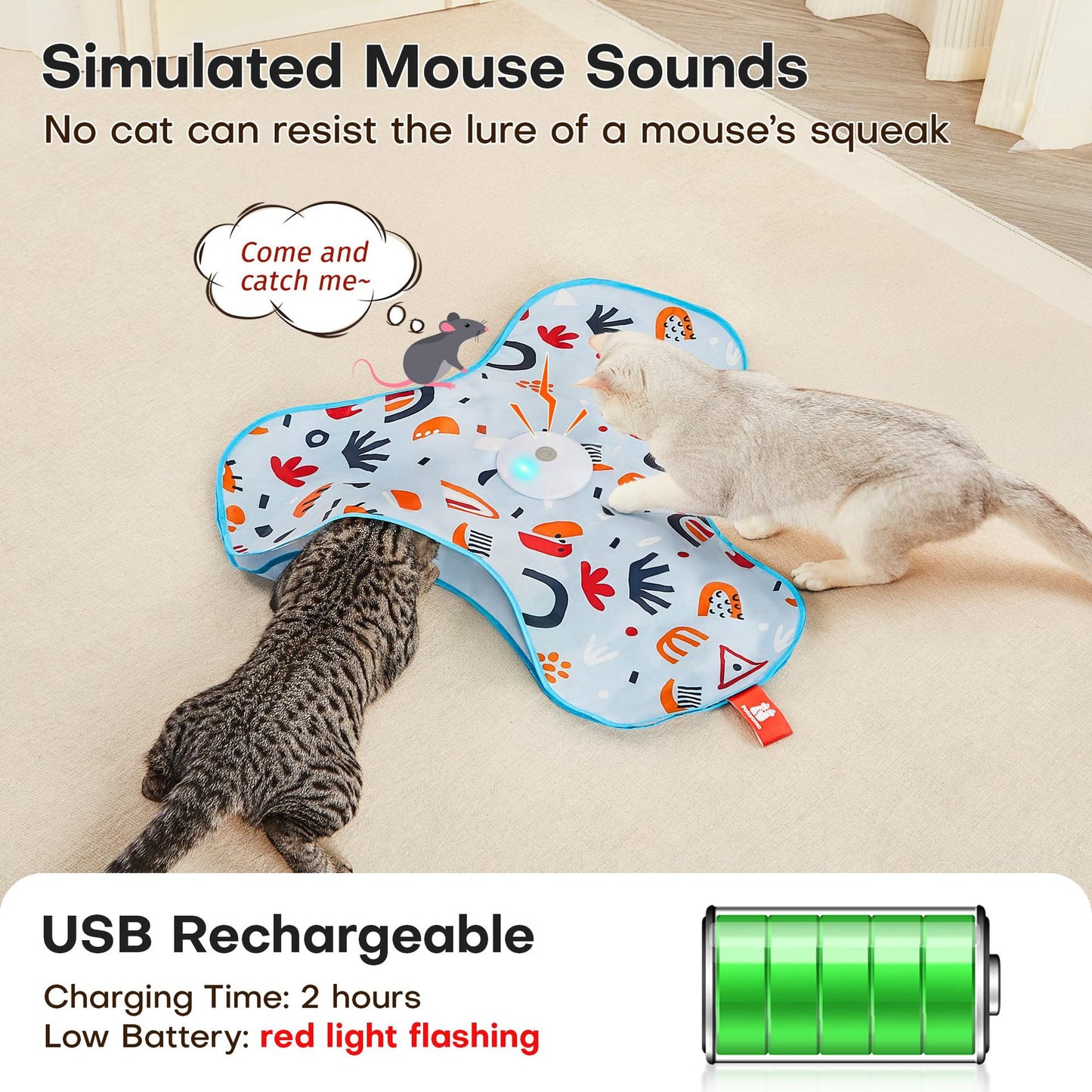 Green Interactive Cat Toys Rechargeable,Moving Concealed Feathers,Real Mouse Squeaky,Touch Activated Cat Kitten Toy Exercise Toys for Indoor Bored Adult Cats