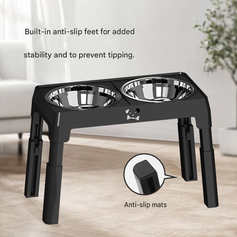 Black Adjustable Elevated Dog Bowl Stand with Stainless Steel Double Bowls, Foldable Raised Pet Feeding Station for Medium & Large Dogs, Anti-Slip Height Adjustable Food and Water Feeder