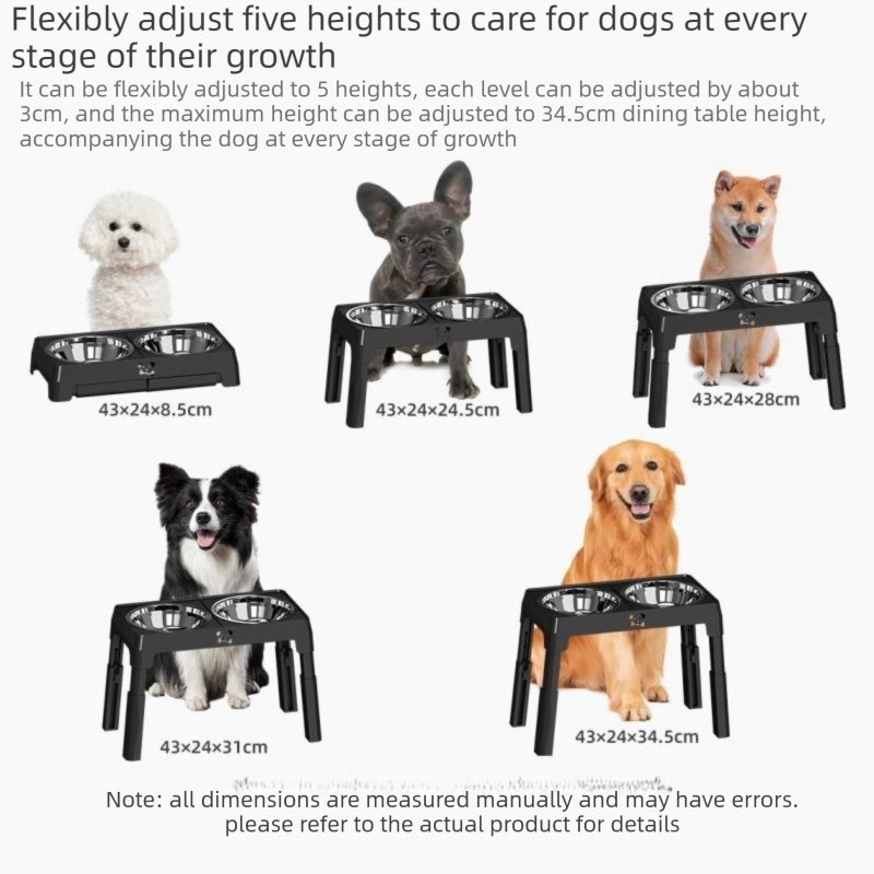 Black Adjustable Elevated Dog Bowl Stand with Stainless Steel Double Bowls, Foldable Raised Pet Feeding Station for Medium & Large Dogs, Anti-Slip Height Adjustable Food and Water Feeder
