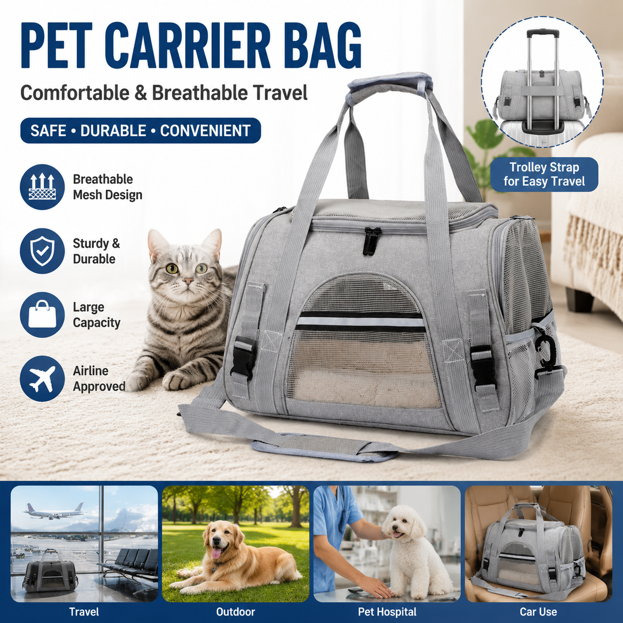 Grey Pet Carrier Bag - Breathable Meshfor Small Dogs and Cats  Travel Carrier Airline Travel Ready Adjustable Shoulder Strap Durable Ventilated Design (44x25x28cm)