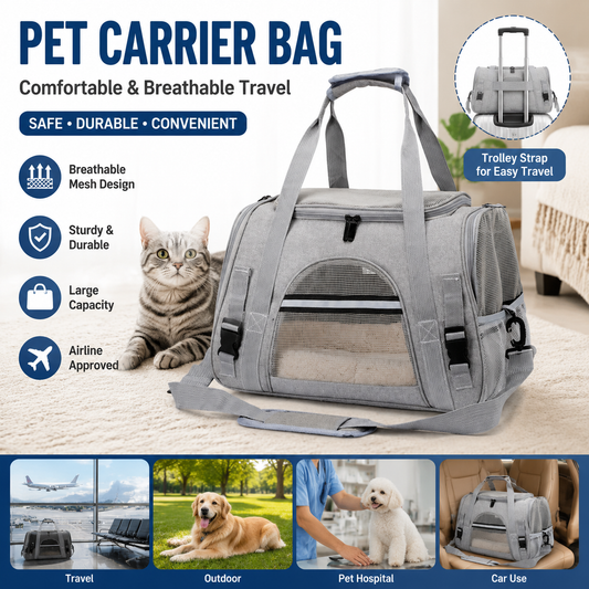 Grey Pet Carrier Bag - Breathable Meshfor Small Dogs and Cats  Travel Carrier Airline Travel Ready Adjustable Shoulder Strap Durable Ventilated Design (44x25x28cm)