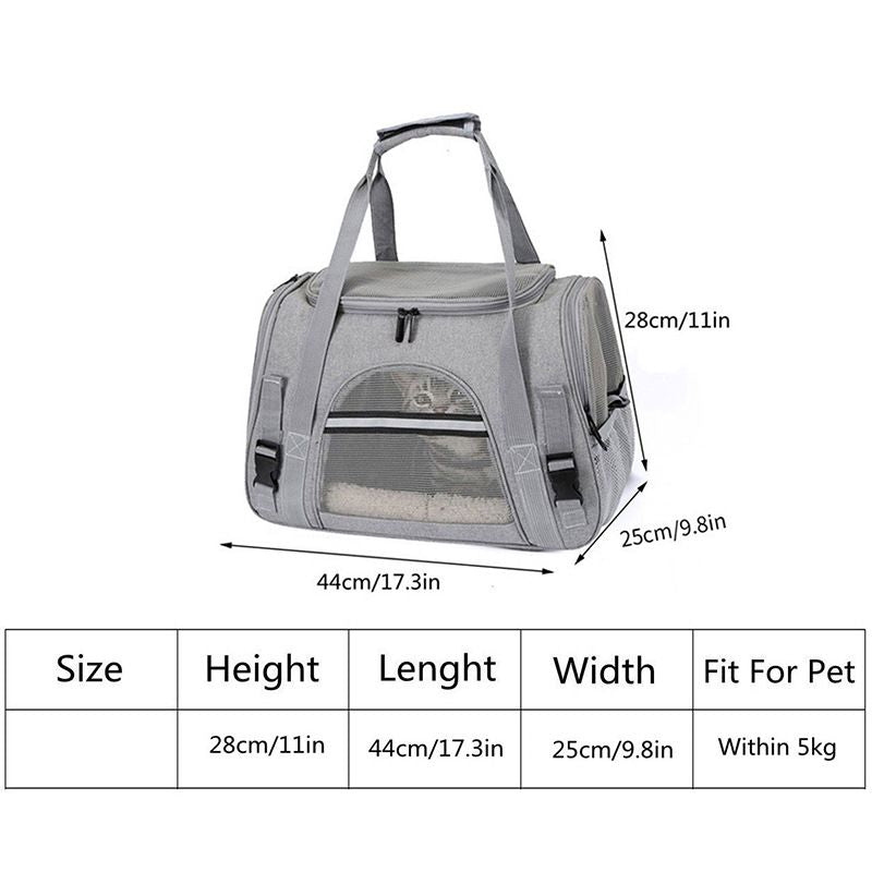 Grey Pet Carrier Bag - Breathable Meshfor Small Dogs and Cats  Travel Carrier Airline Travel Ready Adjustable Shoulder Strap Durable Ventilated Design (44x25x28cm)