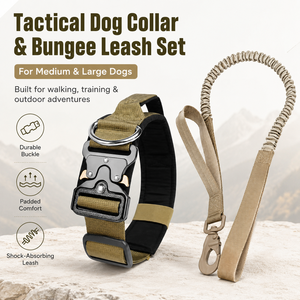 Khaki Tactical Dog Collar and Bungee Lead Set (L size) - Padded Quick Release Collar with Control Handle and Shock Absorbing Leash for Medium and Large Dogs