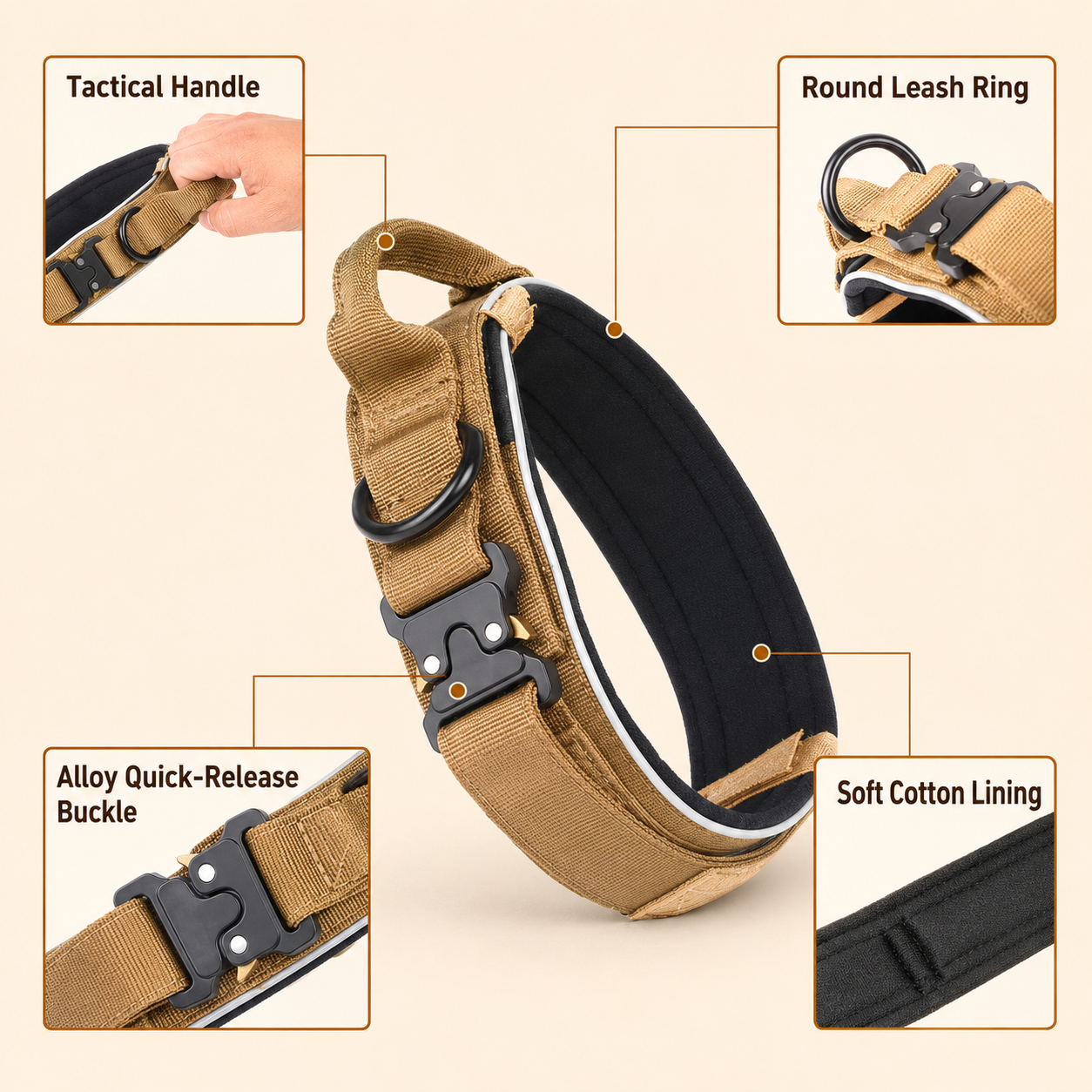 Khaki Tactical Dog Collar and Bungee Lead Set (L size) - Padded Quick Release Collar with Control Handle and Shock Absorbing Leash for Medium and Large Dogs