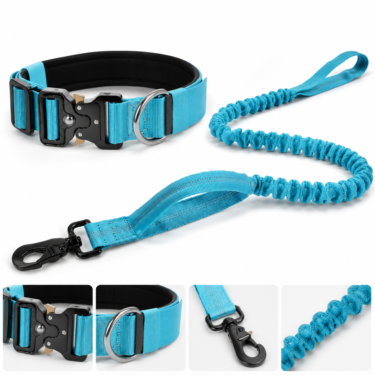 Blue Tactical Dog Collar and Bungee Lead Set (L size) - Padded Quick Release Collar with Control Handle and Shock Absorbing Leash for Medium and Large Dogs