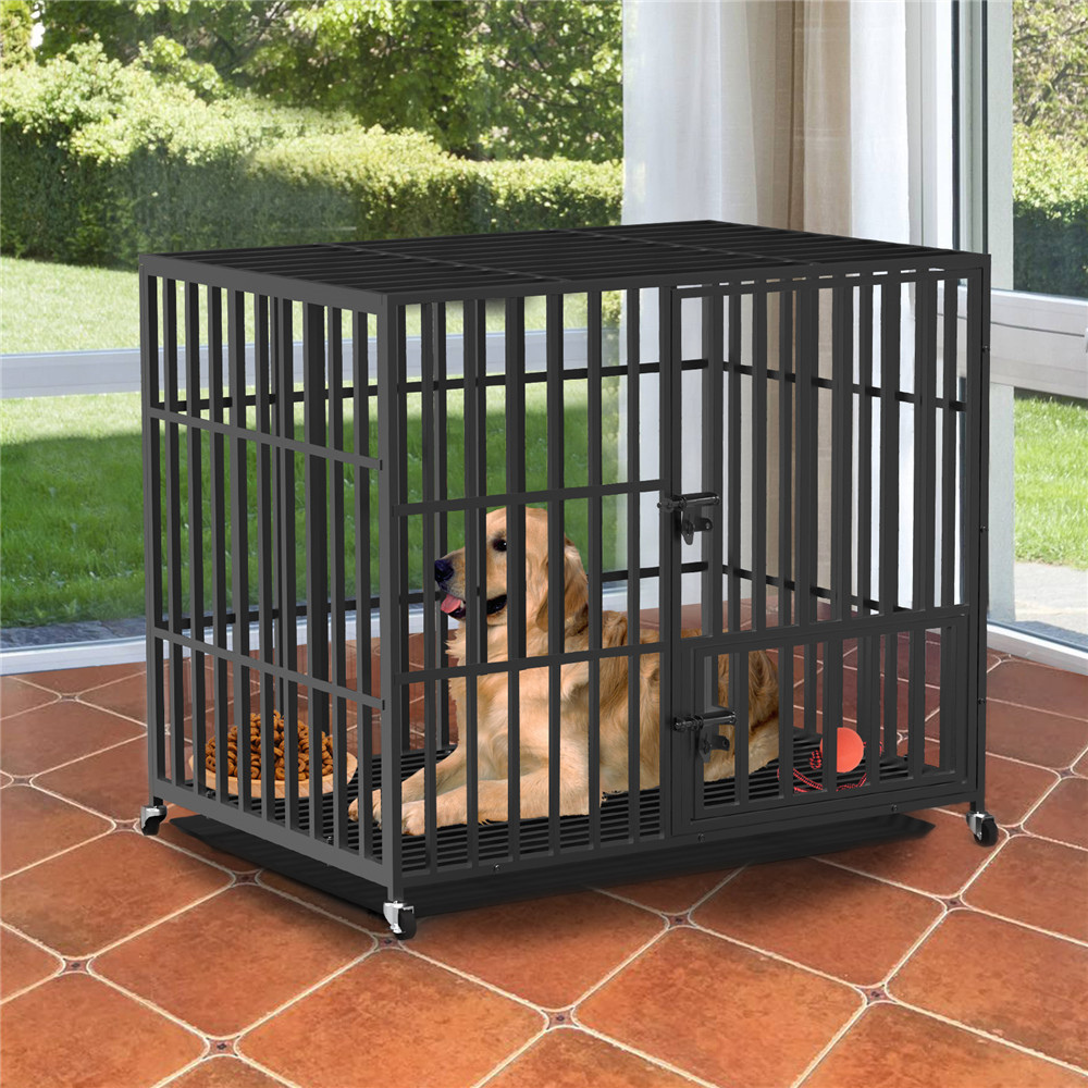 XXL heavy-duty metal dog crate with tray and wheels